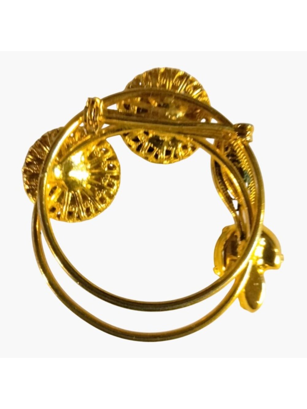 Brooch Pink Rhinestone Elegant Floral Design Dual Circle Gold Tone 2 Inch - Picture 5 of 5